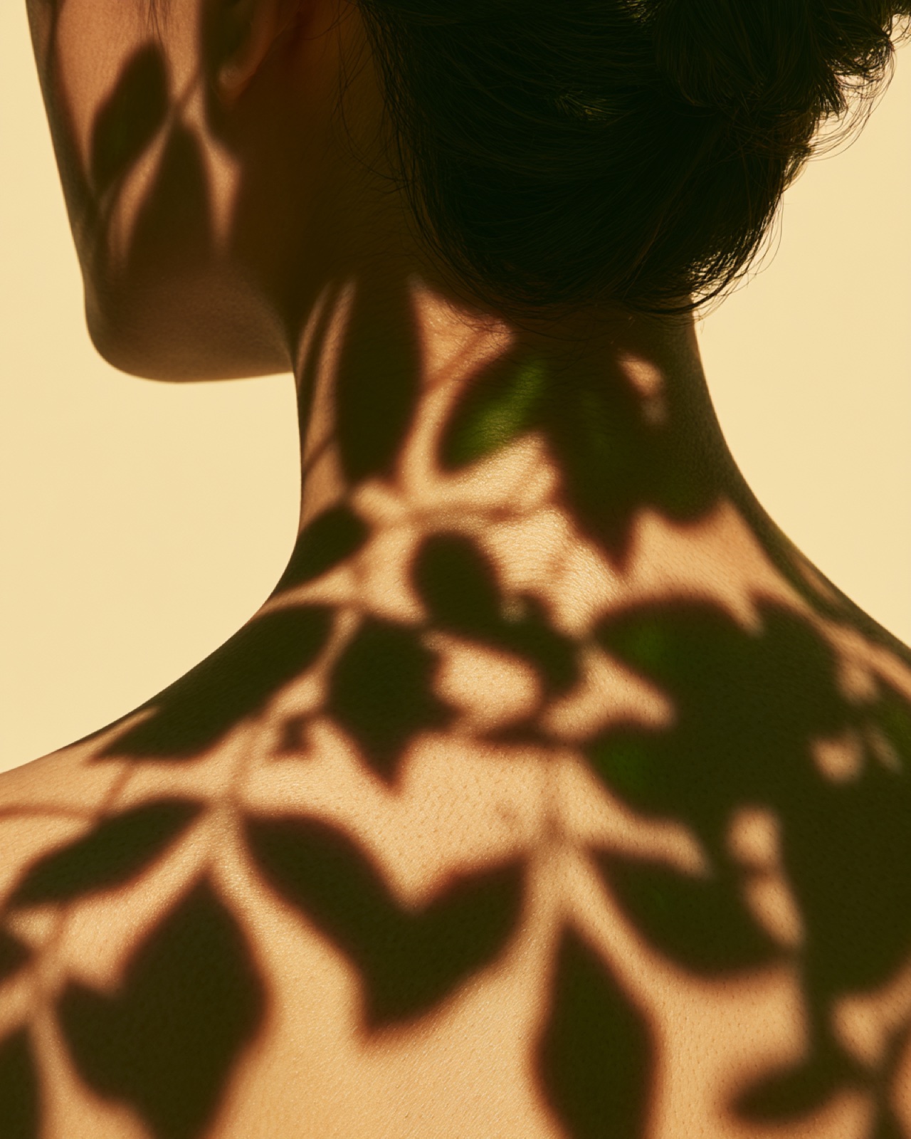 Leaf shadows falling across a woman's neck and shoulders in warm sunlight