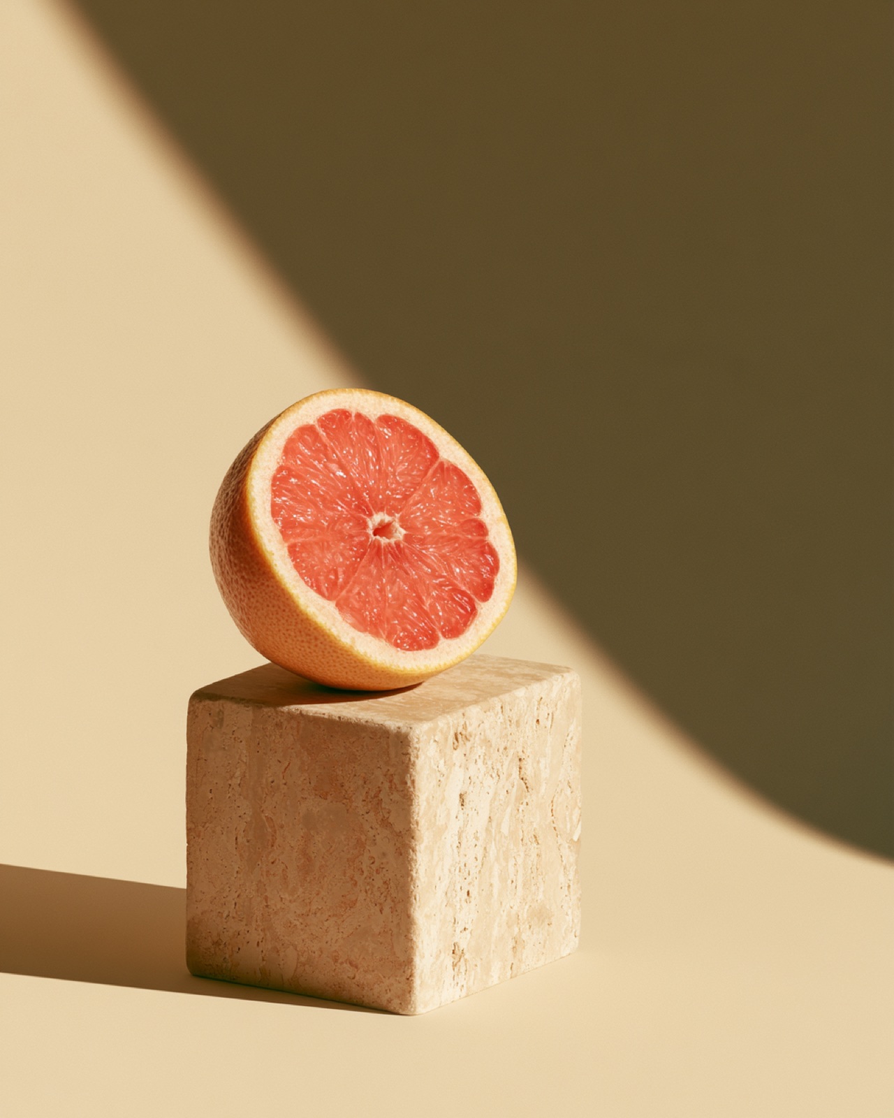 Halved pink grapefruit on a travertine plinth: vitamin C for collagen