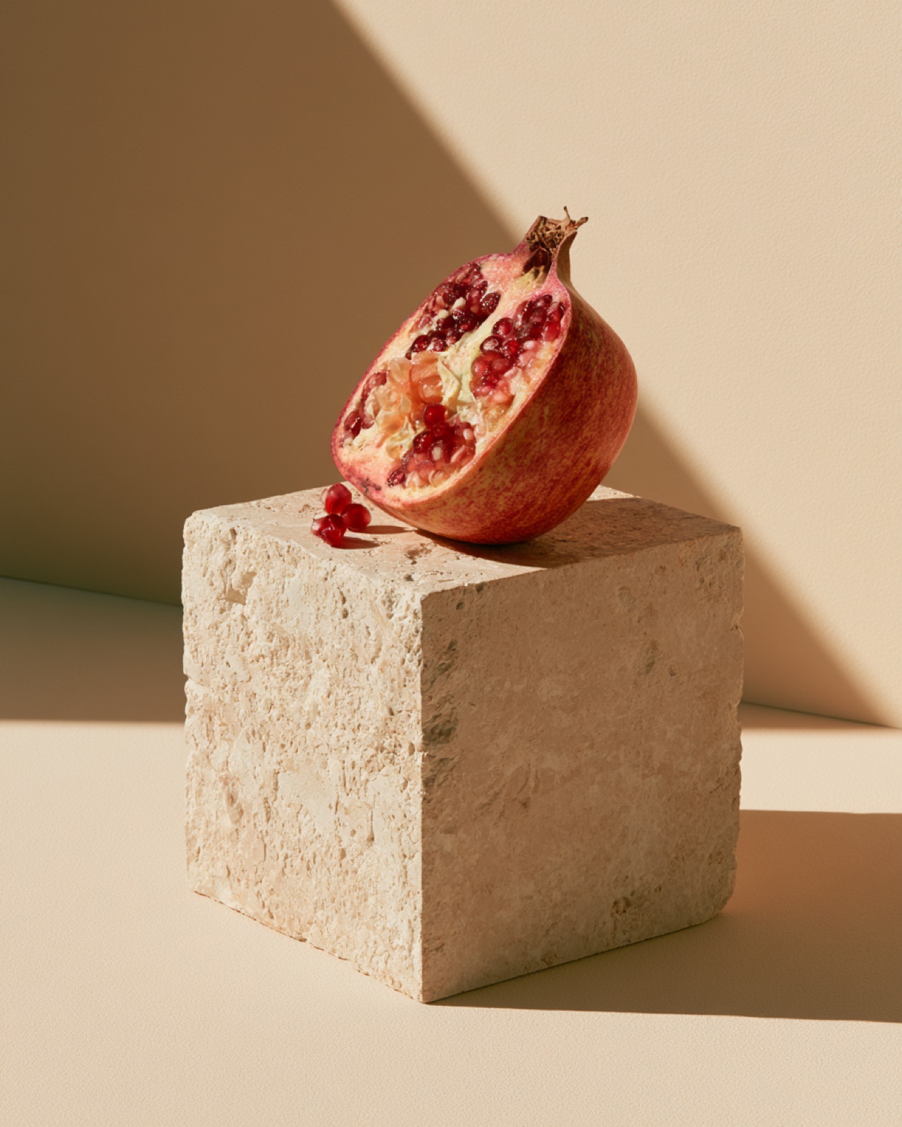 Halved pomegranate on a limestone plinth